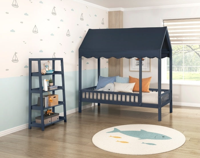 Homelegance B2024BUCP-1 Sloane navy blue finish wood cottage style twin bed with fabric canopy