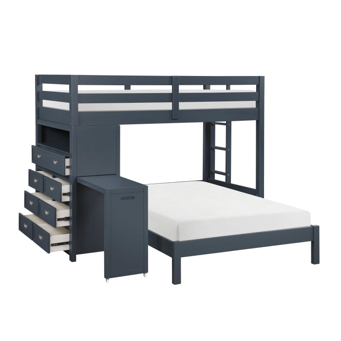B2024BULTF-1 Sloane navy blue finish wood twin over full loft workstation bunk bed pull out desk and drawers