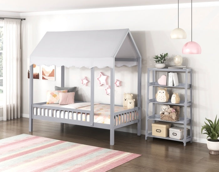Homelegance B2024GYCP-1 Sloane light grey finish wood cottage style twin bed with fabric canopy