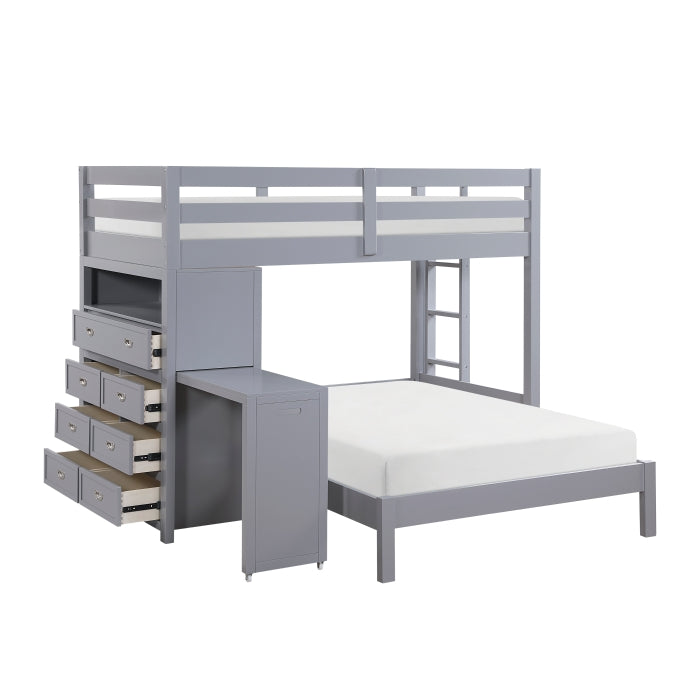 B2024GYLTF-1 Sloane grey finish wood twin over full loft workstation bunk bed pull out desk and drawers