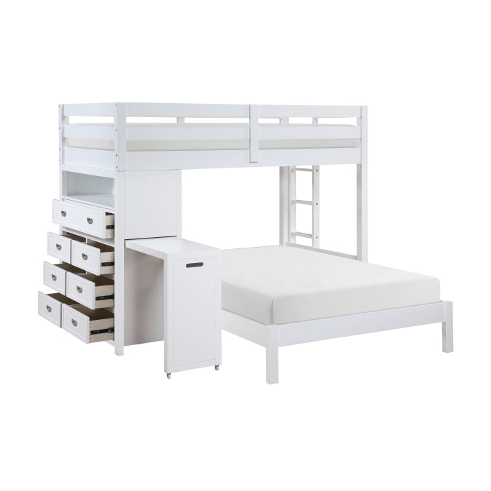 B2024WHLTF-1 Sloane white finish wood twin over full loft workstation bunk bed pull out desk and drawers