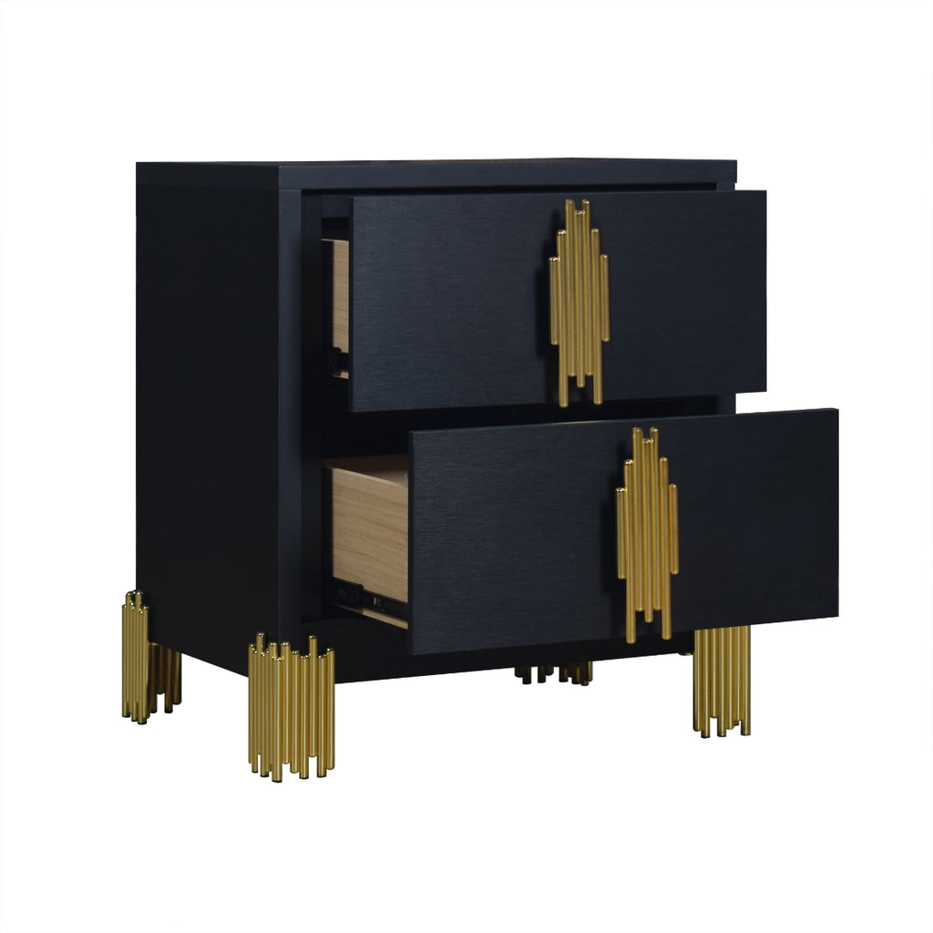 B2034-4PC 4 pc Empire black finish wood gold accents black fabric upholstered headboard with LED lighting mid century modern queen bed set