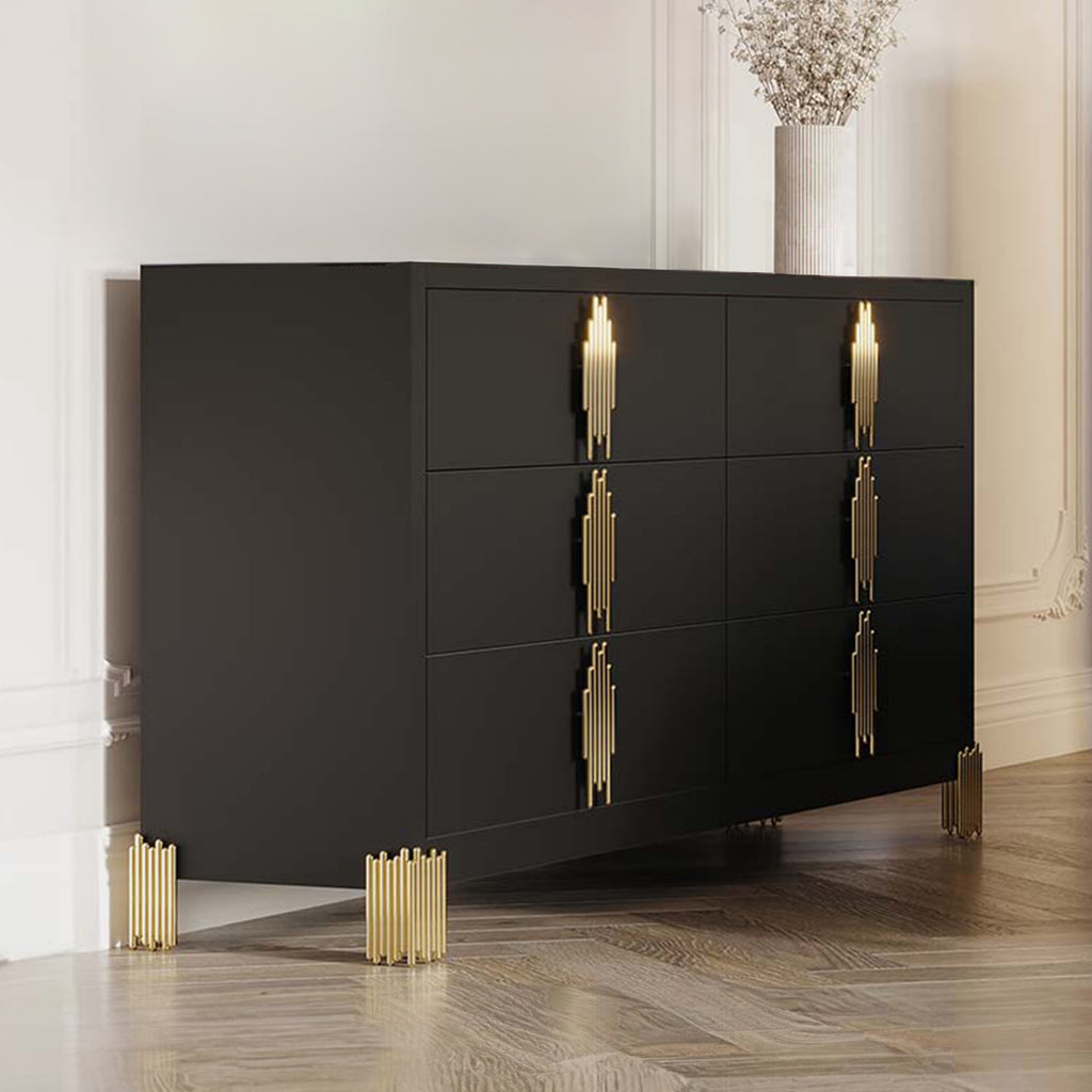B2034-4PC 4 pc Empire black finish wood gold accents black fabric upholstered headboard with LED lighting mid century modern queen bed set