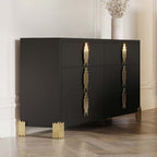 B2034-4PC 4 pc Empire black finish wood gold accents black fabric upholstered headboard with LED lighting mid century modern queen bed set