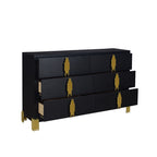B2034-4PC 4 pc Empire black finish wood gold accents black fabric upholstered headboard with LED lighting mid century modern queen bed set