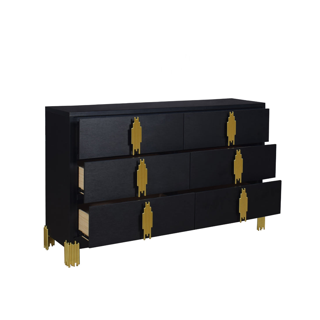 B2034-4PC 4 pc Empire black finish wood gold accents black fabric upholstered headboard with LED lighting mid century modern queen bed set