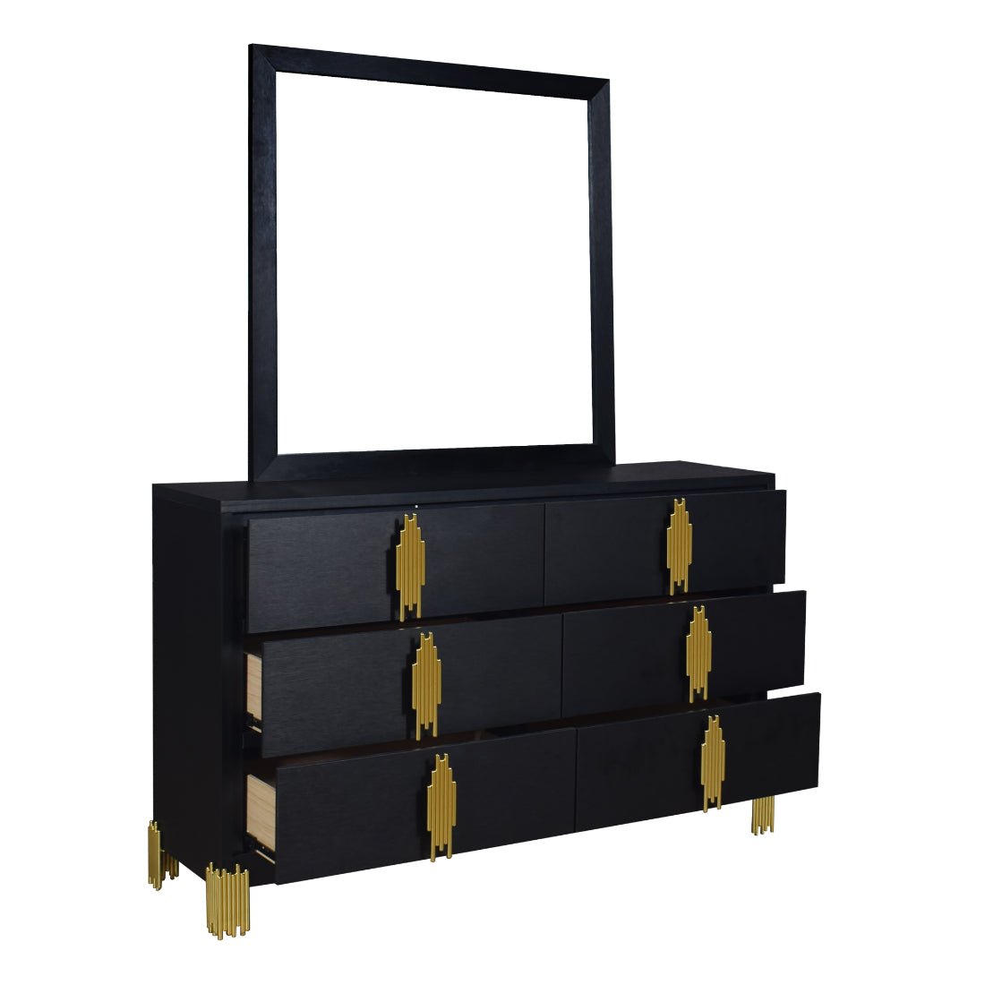 B2034-4PC 4 pc Empire black finish wood gold accents black fabric upholstered headboard with LED lighting mid century modern queen bed set