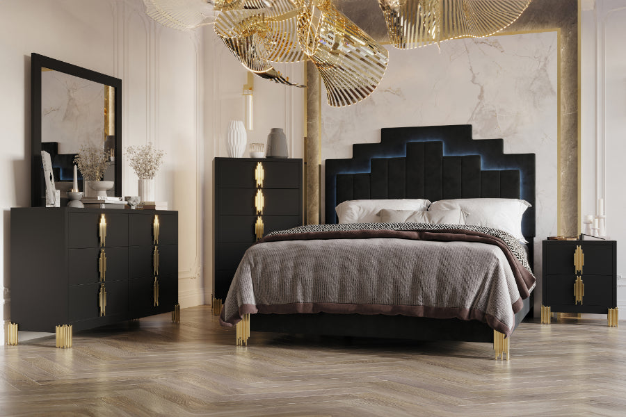B2034-4PC 4 pc Empire black finish wood gold accents black fabric upholstered headboard with LED lighting mid century modern queen bed set