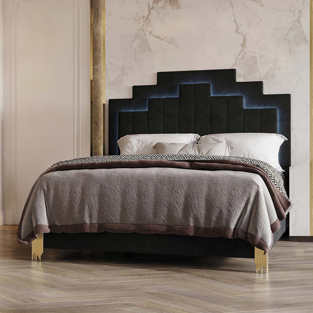B2034-4PC 4 pc Empire black finish wood gold accents black fabric upholstered headboard with LED lighting mid century modern queen bed set