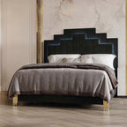 B2034-4PC 4 pc Empire black finish wood gold accents black fabric upholstered headboard with LED lighting mid century modern queen bed set