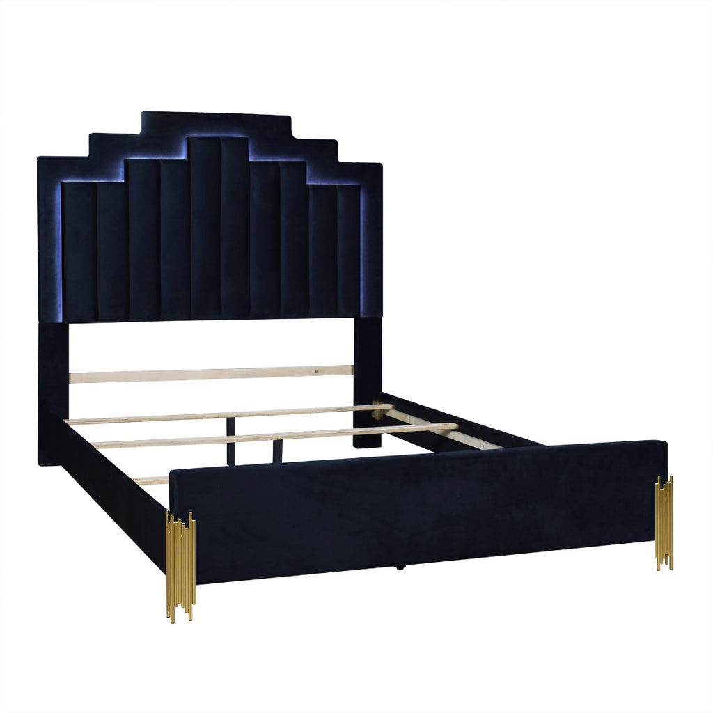 B2034-4PC 4 pc Empire black finish wood gold accents black fabric upholstered headboard with LED lighting mid century modern queen bed set
