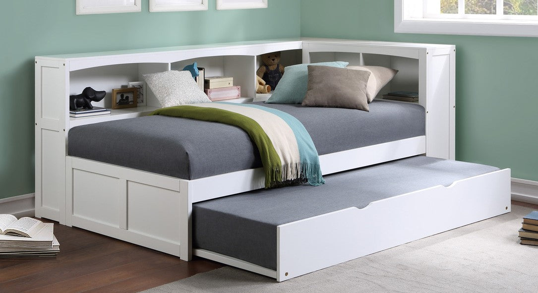 B2053BCW-1BCR Harriett bee frankie white finish wood corner bookcase twin bed with trundle