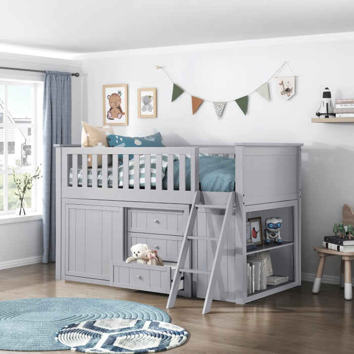 Homelegance Bartly Twin Low Loft Bed with Dresser & Bookcase Grey – B2063LL-1-BCDR