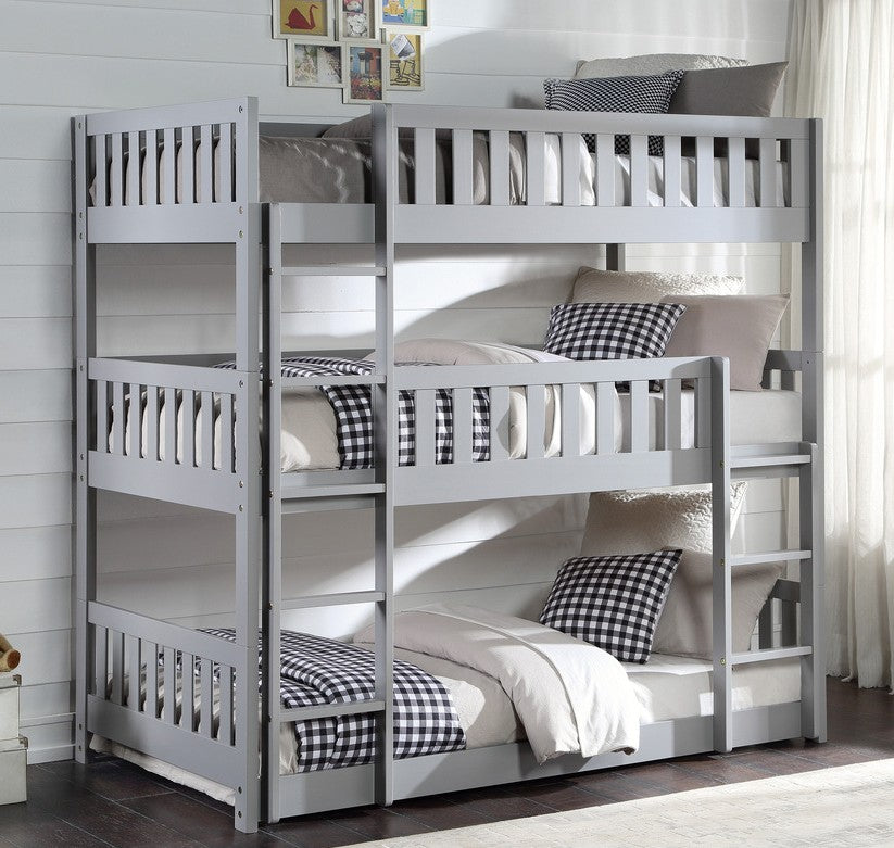 B2063TTTW-1 Harriett bee lomas gray finish wood triple twin over twin over twin bunk bed set
