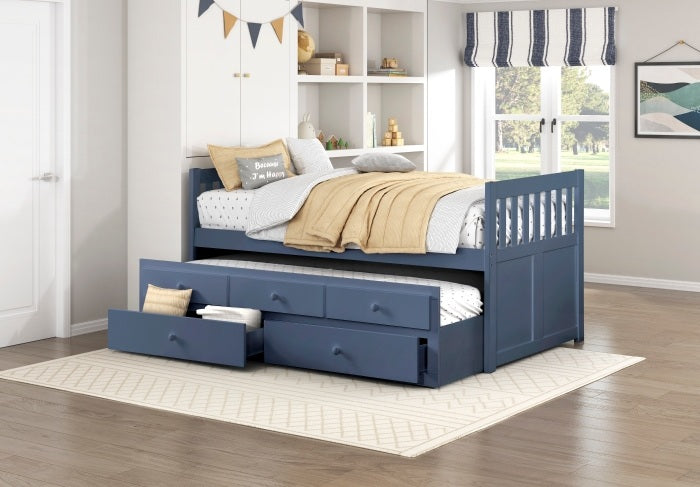 B2083BUPR-1 Darby home co orion dark blue finish wood twin bed with twin trundle and storage drawers