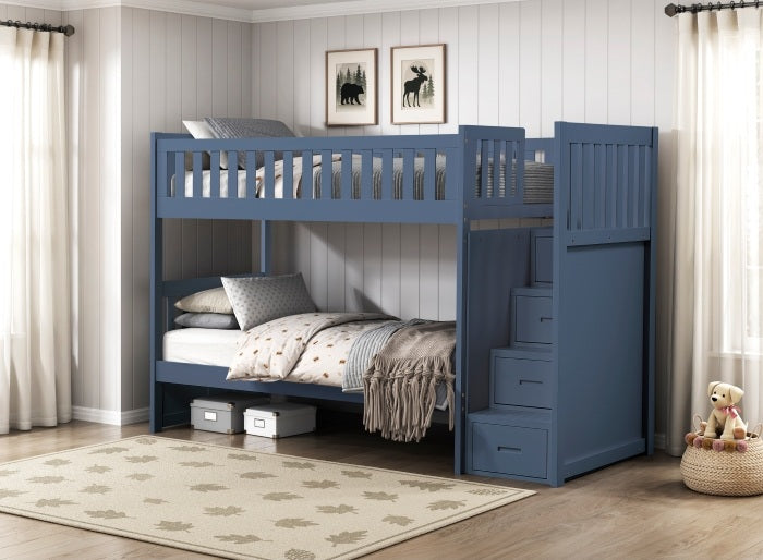 B2083BUSB-1 Darby home co orion dark blue finish wood twin bunk bed with storage drawer ladder on the end