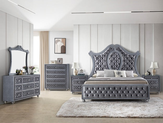 Crown mark B2100 4 pc A & J homes studio cameo gray velvet tufted finish design queen bedroom set