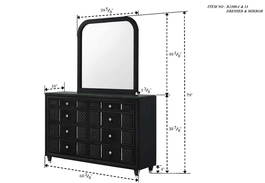 Armany 4-Piece Black Velvet Silver Accent Wing Back Queen Bedroom Set – B2300