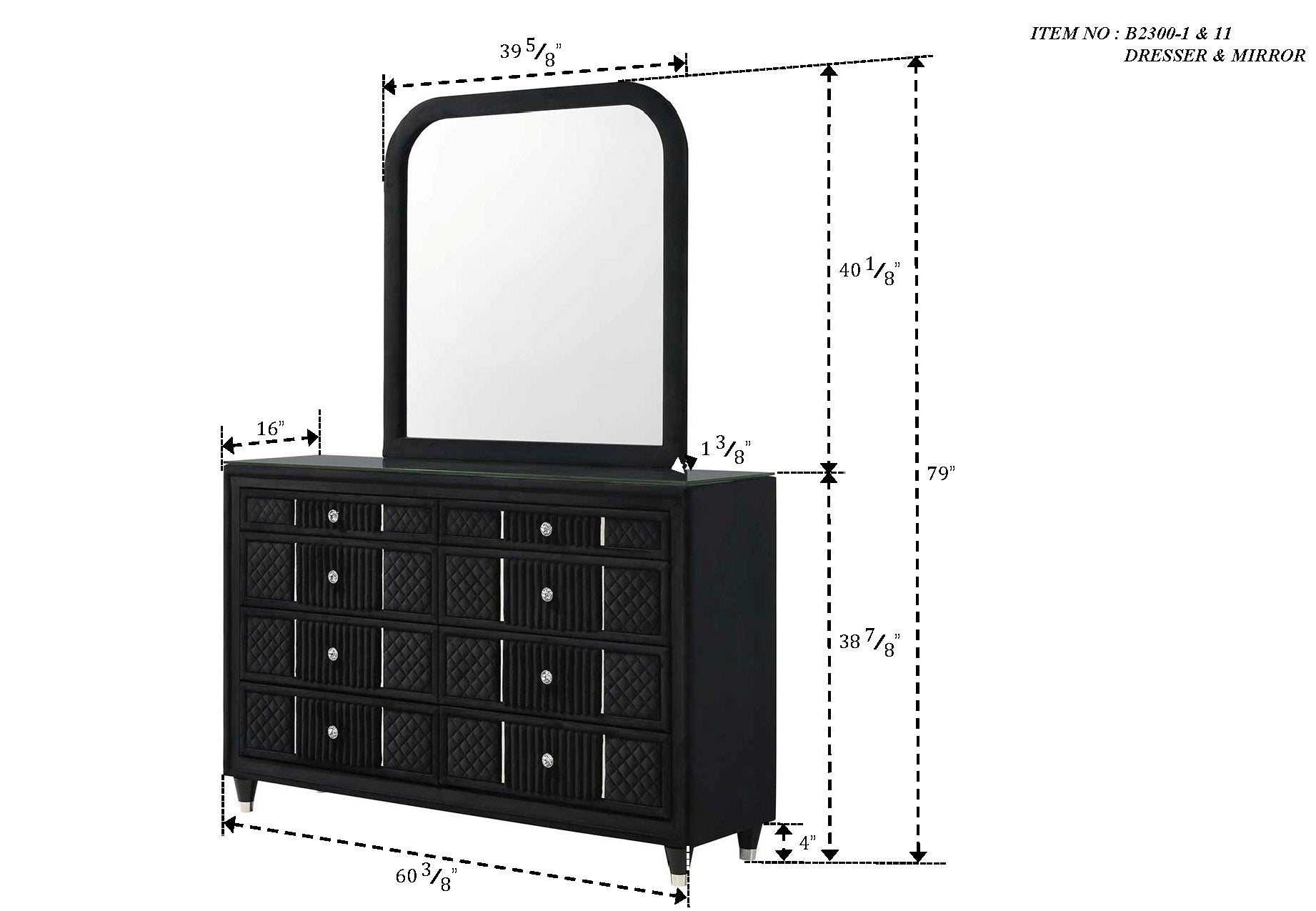 Armany 4-Piece Black Velvet Silver Accent Wing Back Queen Bedroom Set – B2300