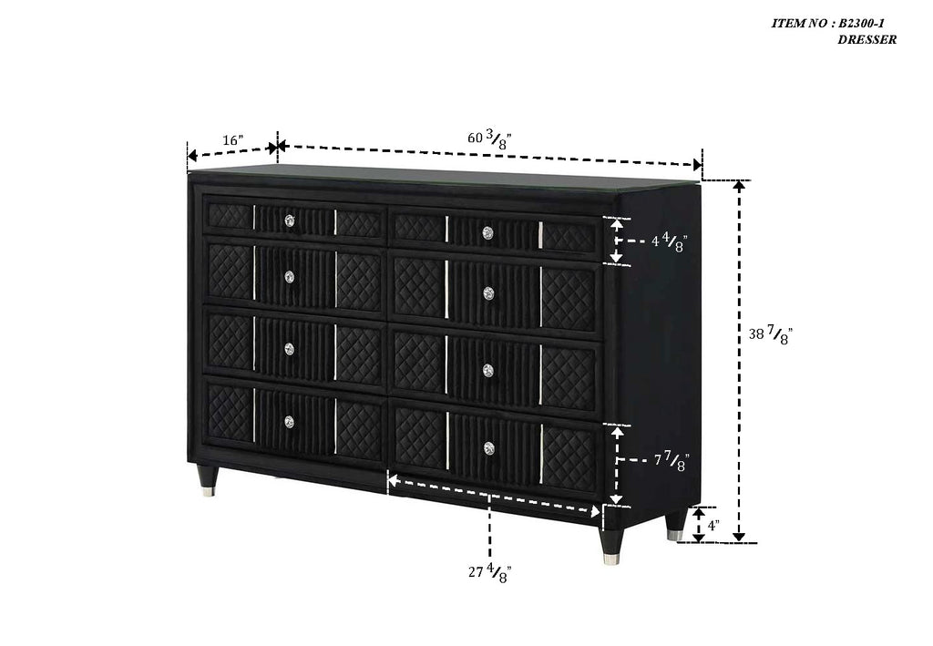 Armany 4-Piece Black Velvet Silver Accent Wing Back Queen Bedroom Set – B2300