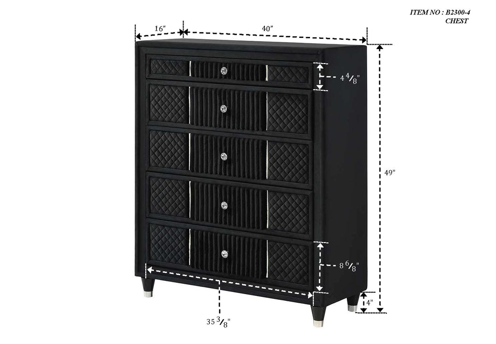 Armany 4-Piece Black Velvet Silver Accent Wing Back Queen Bedroom Set – B2300