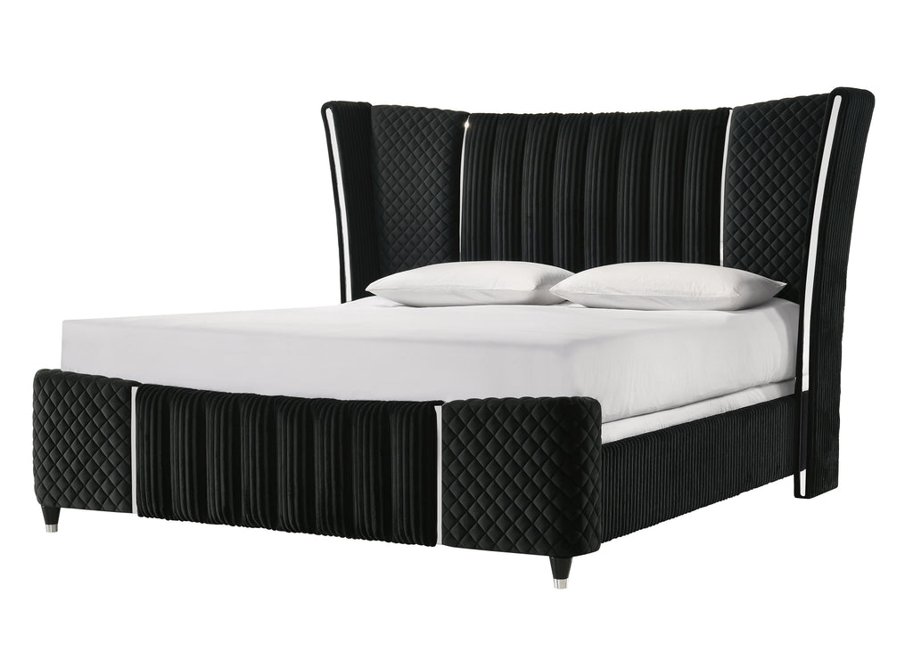 Armany 4-Piece Black Velvet Silver Accent Wing Back Queen Bedroom Set – B2300