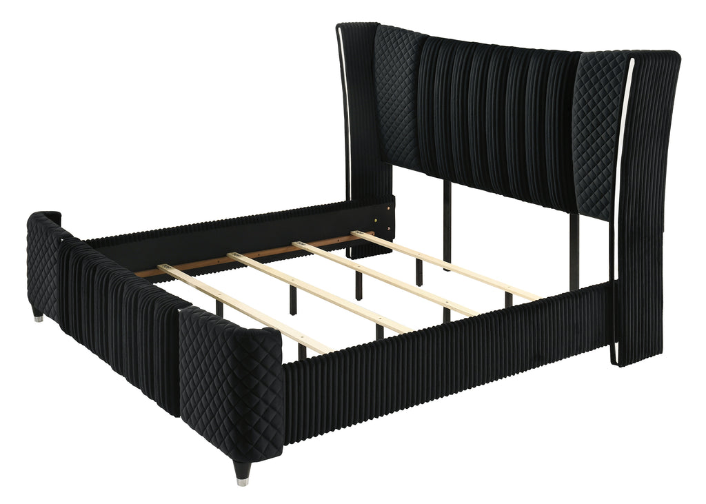 Armany 4-Piece Black Velvet Silver Accent Wing Back Queen Bedroom Set – B2300