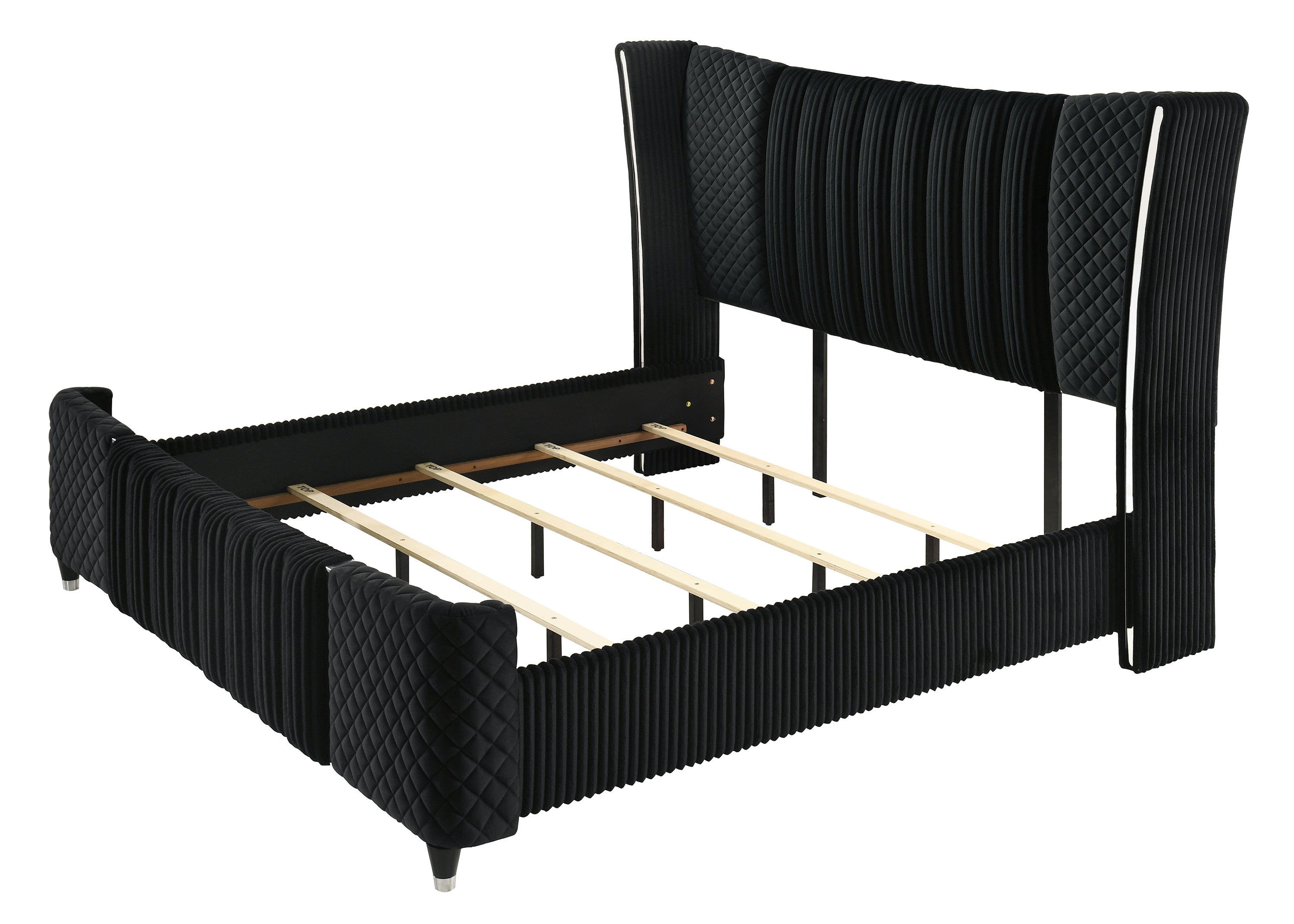 Armany 4-Piece Black Velvet Silver Accent Wing Back Queen Bedroom Set – B2300