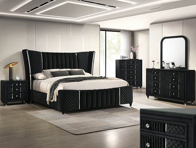 B2300 4 pc Armany black velvet fabric upholstered silver accents wing back queen bedroom set