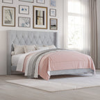 00-3365G-4PC 4 pc Huxley grey finish wood grey fabric upholstered tufted headboard queen bed set silver accents