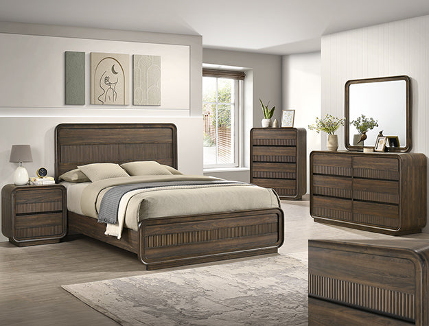 B3500 4 pc Kinkaid brown wood finish ribbed accents headboard queen bedroom set