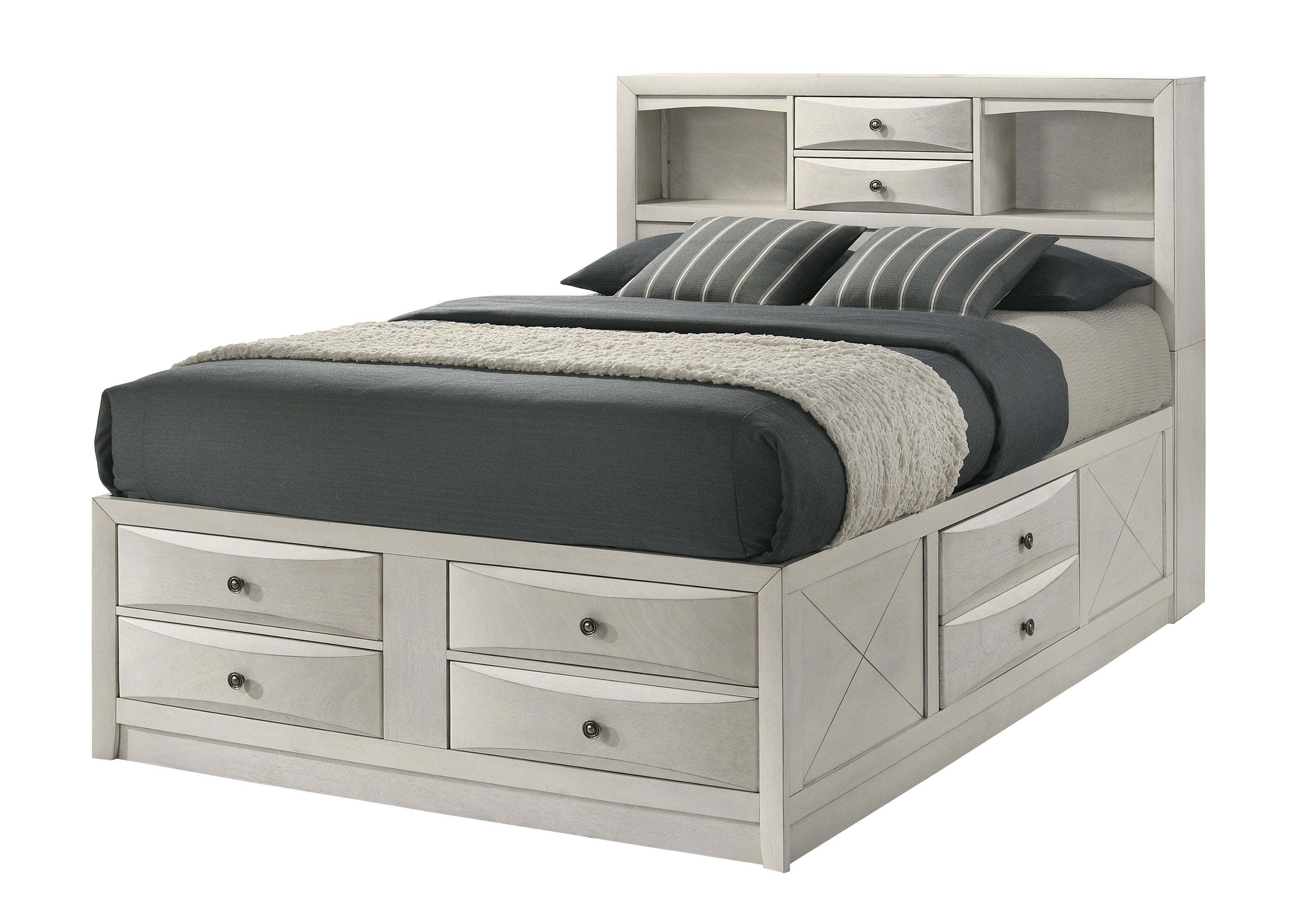 Emily 4-Piece White Wash Wood Storage Headboard Queen Captain's Bedroom Set with Drawers – B4255