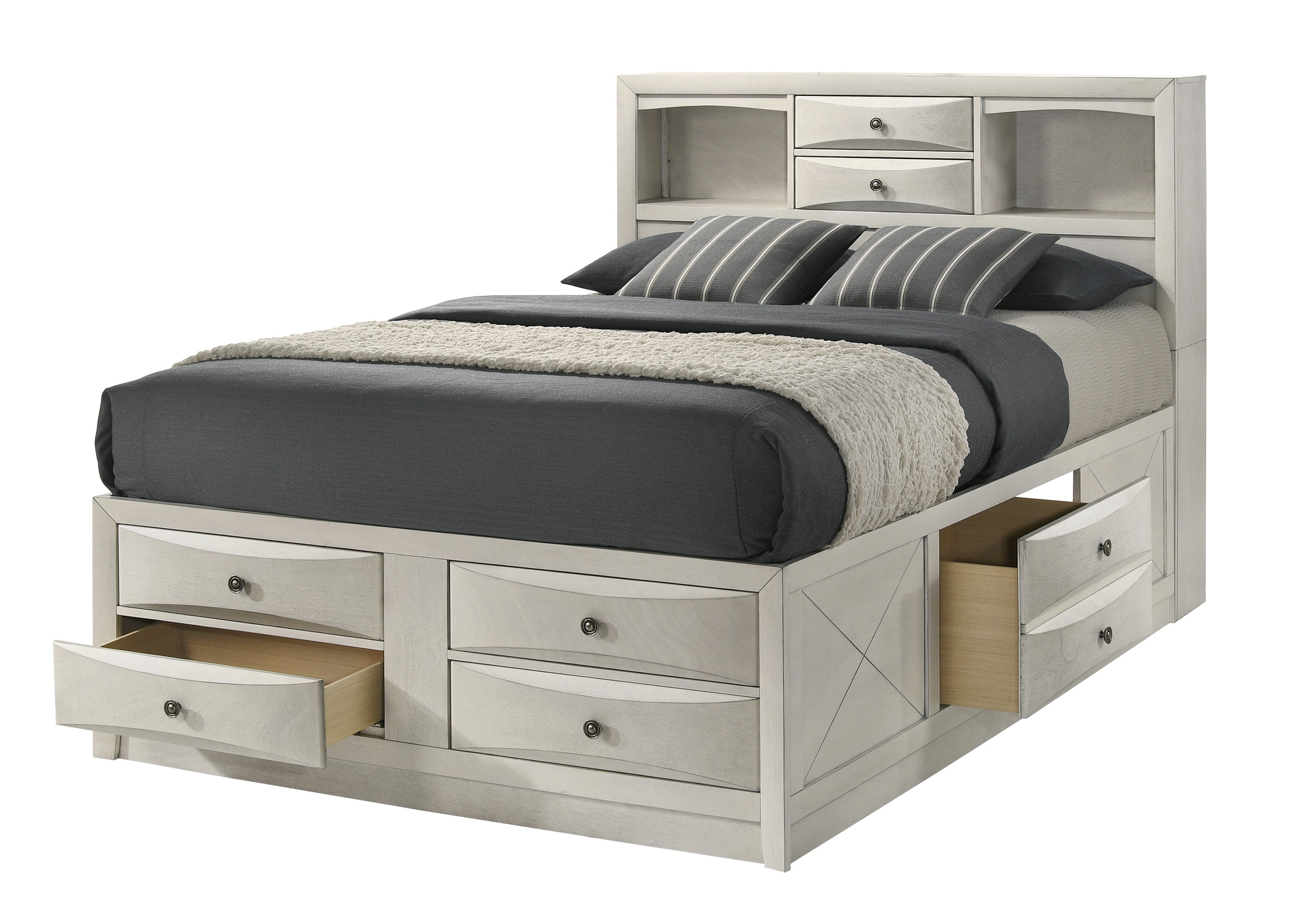 Emily 4-Piece White Wash Wood Storage Headboard Queen Captain's Bedroom Set with Drawers – B4255