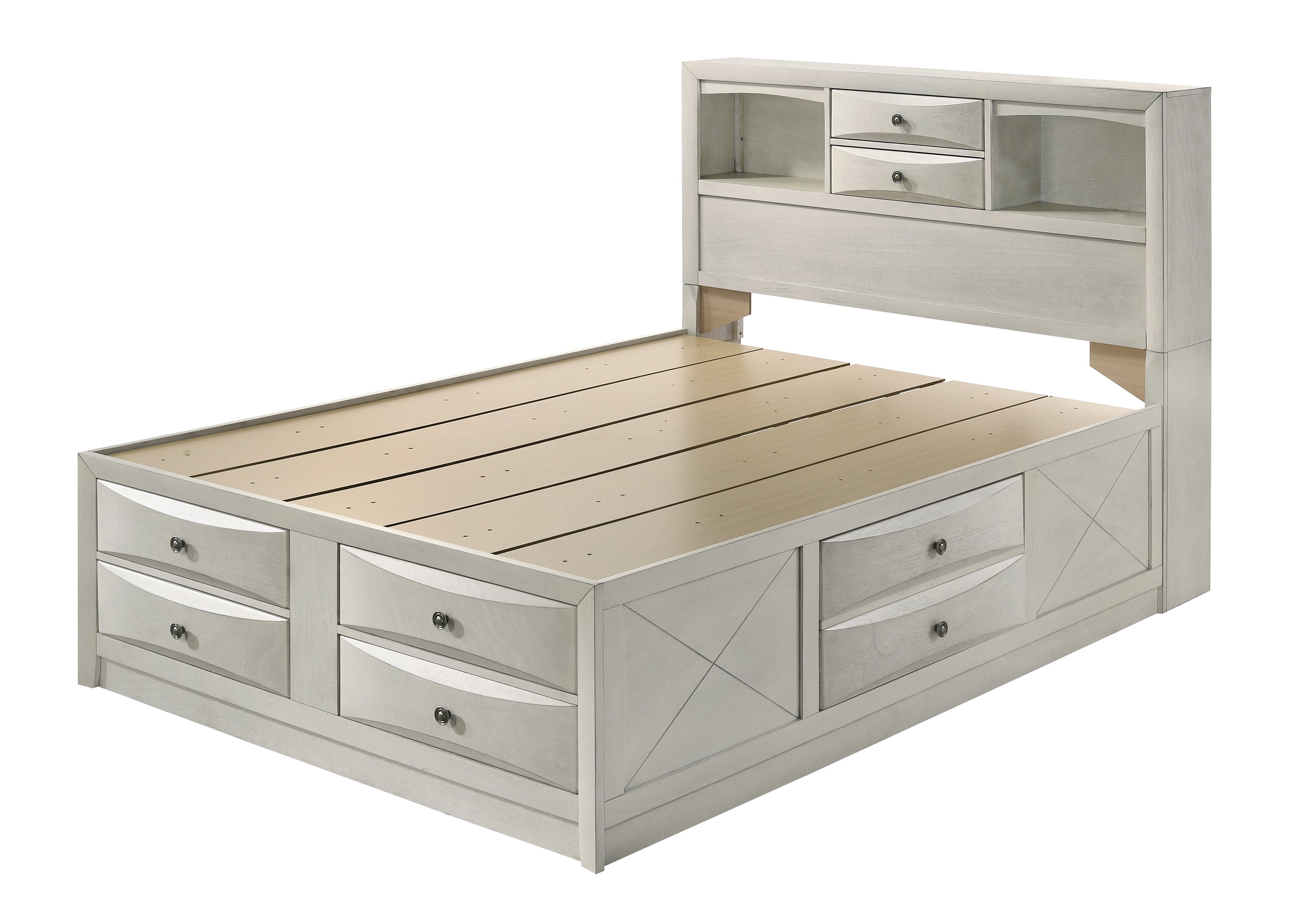 Emily 4-Piece White Wash Wood Storage Headboard Queen Captain's Bedroom Set with Drawers – B4255