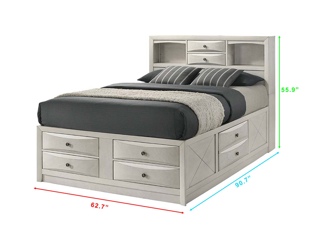 Emily 4-Piece White Wash Wood Storage Headboard Queen Captain's Bedroom Set with Drawers – B4255