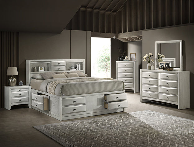 B4255 4 pc A & J Homes studios emily white wash wood finish storage headboard queen captains bedroom set with storage drawers