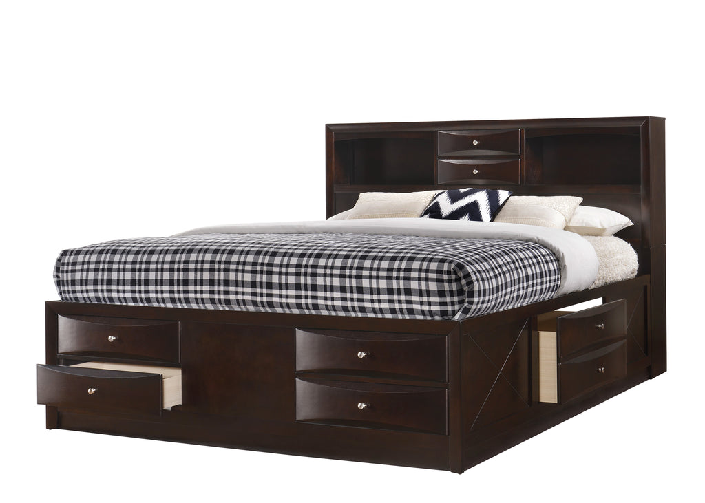 B4265 4 pc A & J Homes studios emily dark cherry wood finish design headboard queen bedroom set with storage drawers