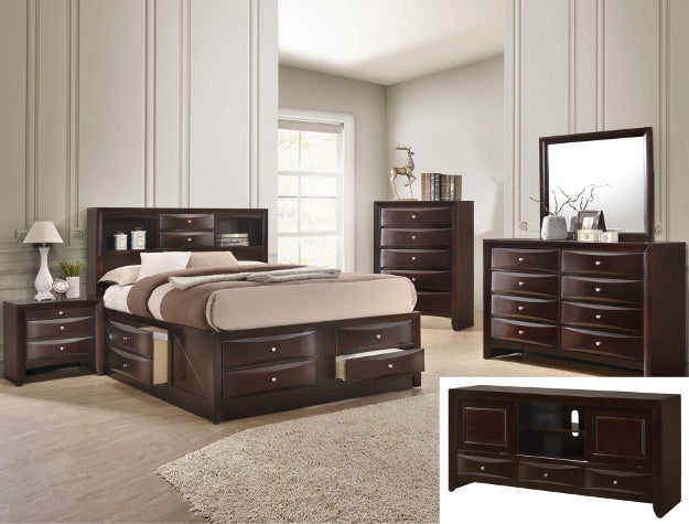 B4265 4 pc A & J Homes studios emily dark cherry wood finish design headboard queen bedroom set with storage drawers