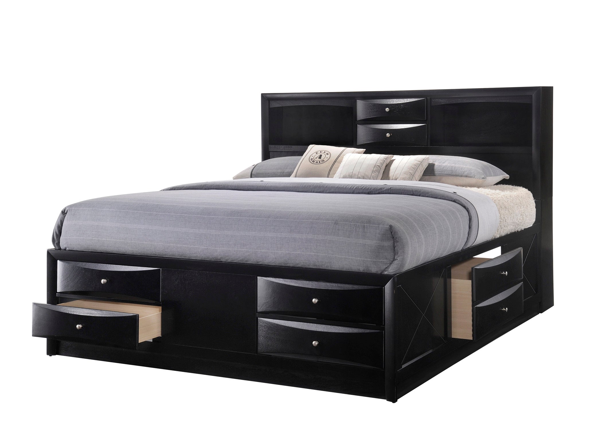 B4285 4 pc A & J Homes studios emily black wood finish design headboard queen bedroom set with storage drawers