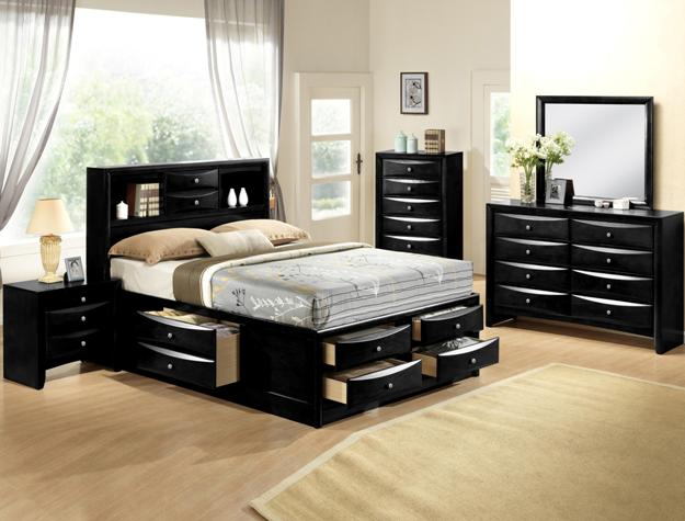 B4285 4 pc A & J Homes studios emily black wood finish design headboard queen bedroom set with storage drawers