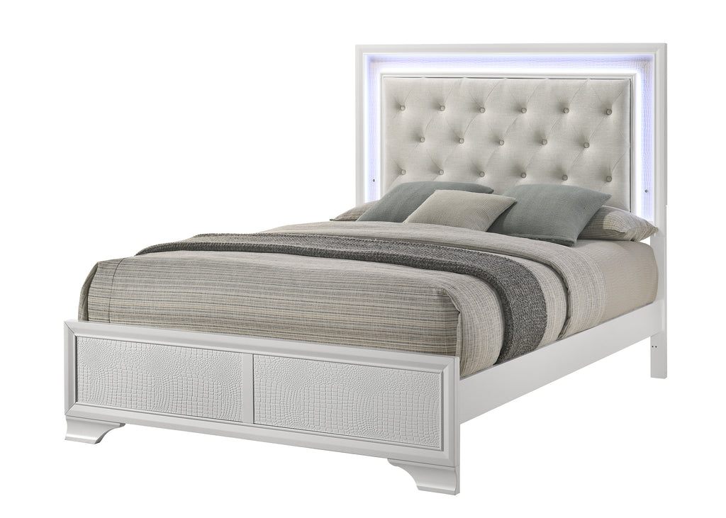 Lyssa 4-Piece Frost Wood Oat Fabric Headboard LED Queen Bedroom Set – B4312