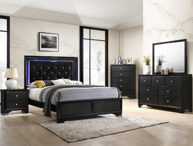 B4350 4 pc Micah modern black finish wood padded headboard LED bedroom set
