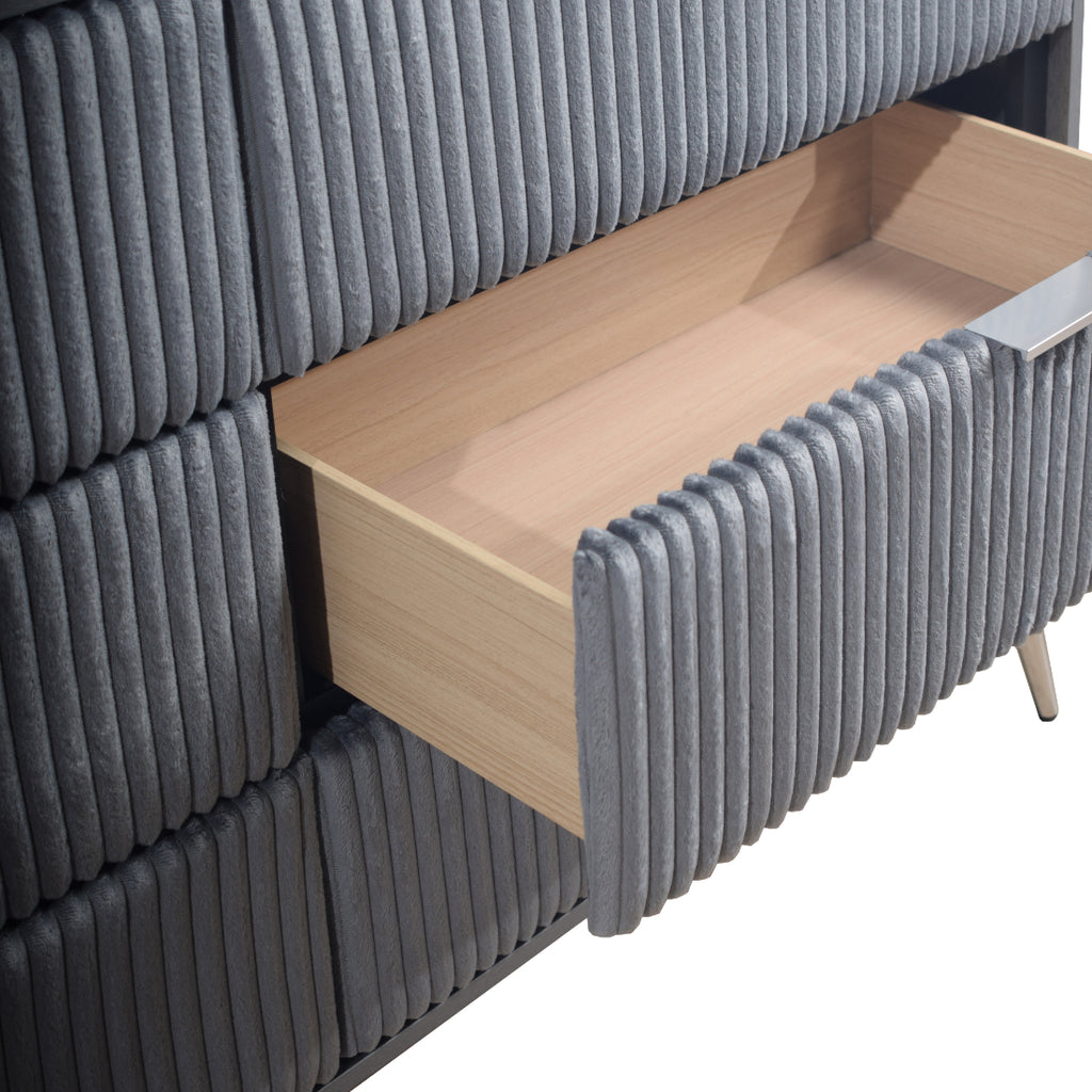 00-4378G-4PC 4 pc Kailani grey finish wood grey fabric upholstered headboard queen bed set silver accents