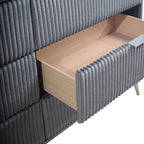 00-4378G-4PC 4 pc Kailani grey finish wood grey fabric upholstered headboard queen bed set silver accents