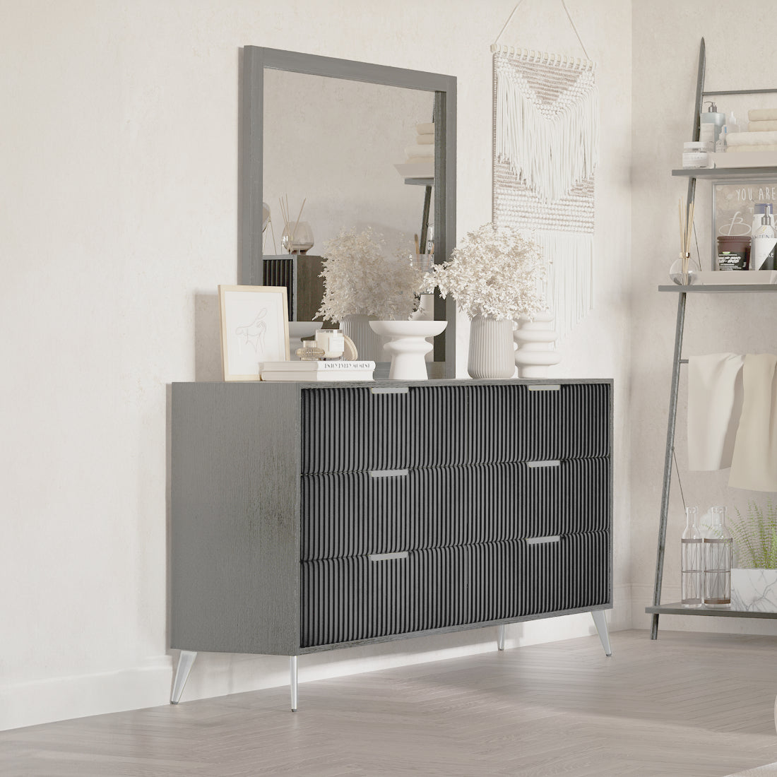 00-4378G-4PC 4 pc Kailani grey finish wood grey fabric upholstered headboard queen bed set silver accents