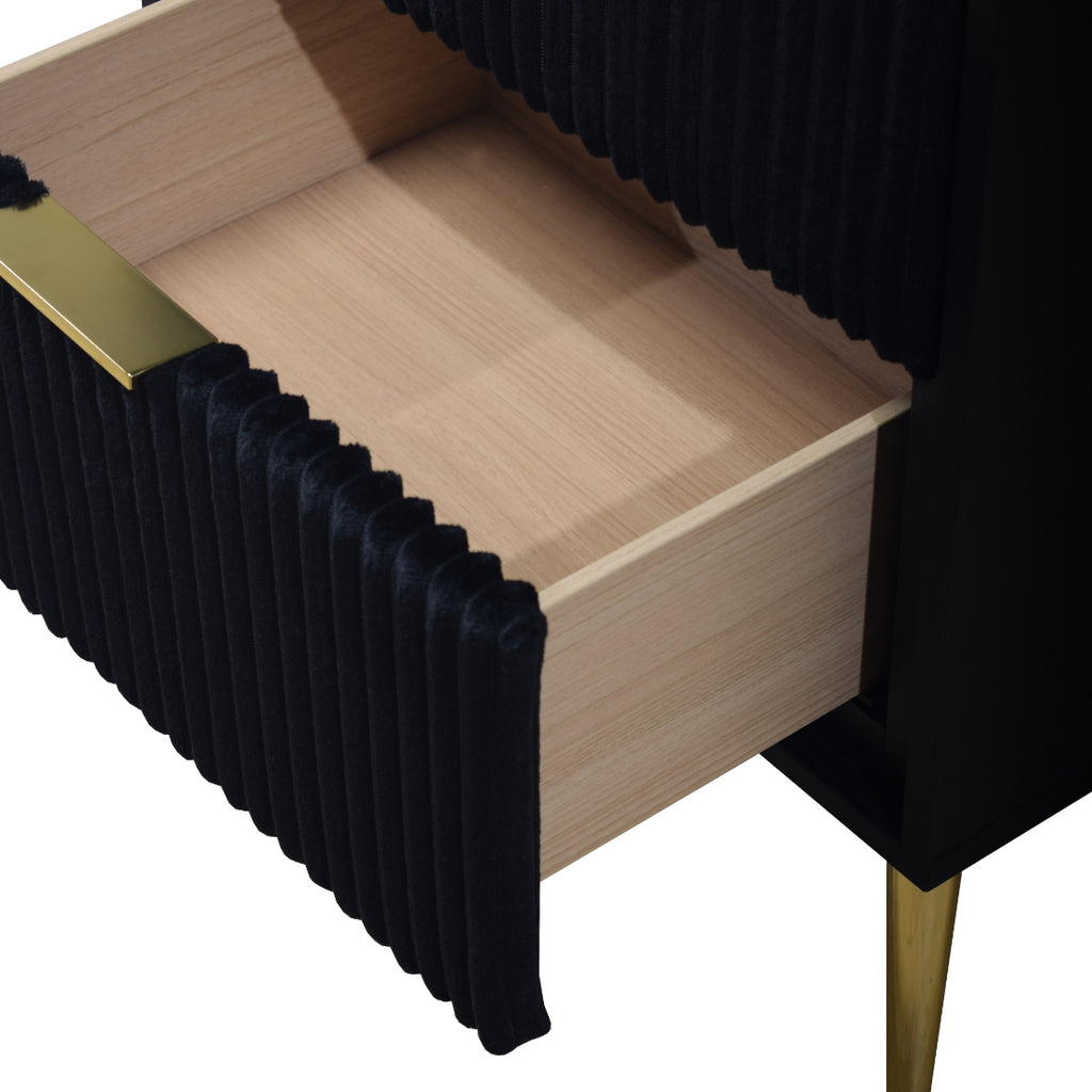 00-4378K-4PC 4 pc Kailani black finish wood black fabric upholstered headboard queen bed set gold accents