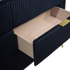 00-4378K-4PC 4 pc Kailani black finish wood black fabric upholstered headboard queen bed set gold accents