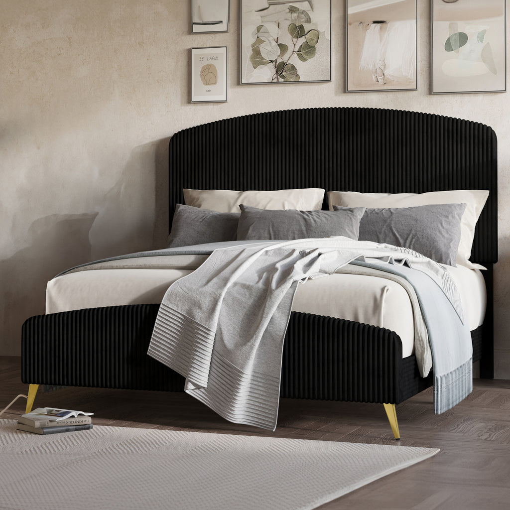 00-4378K-4PC 4 pc Kailani black finish wood black fabric upholstered headboard queen bed set gold accents