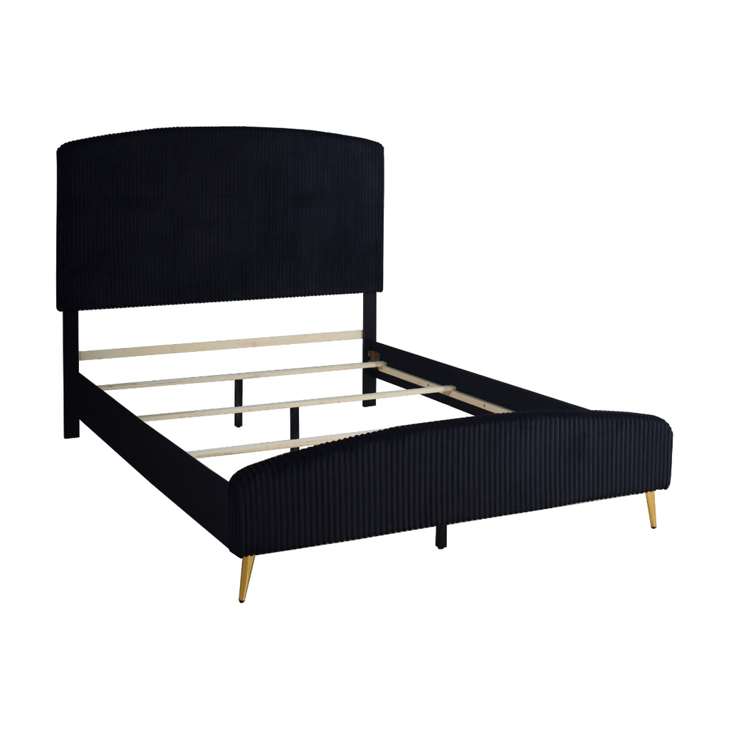 00-4378K-4PC 4 pc Kailani black finish wood black fabric upholstered headboard queen bed set gold accents