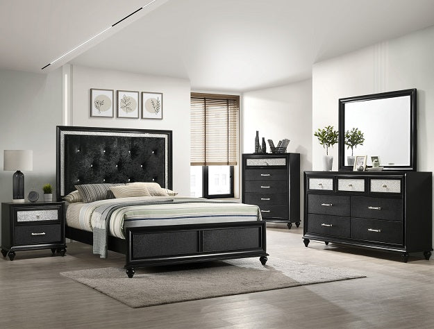 B4398 4 pc lila black finish wood tufted queen bedroom set crystal accents